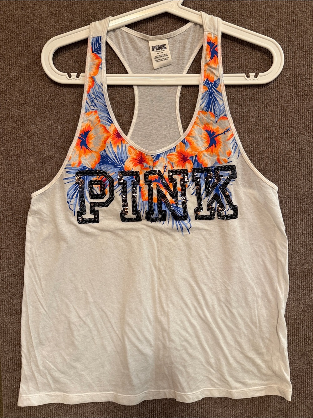 PINK Victoria's Secret White Tank with Orange & Blue Floral Accents Sequin logo